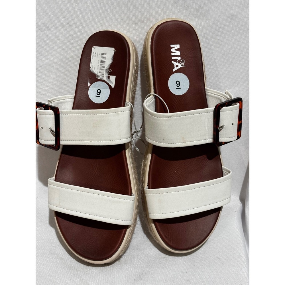 New‎ Mia White Two Strap Espadrille Platform Slide Sandals Tortoise Buckle Sz 9s - Picture 2 of 7